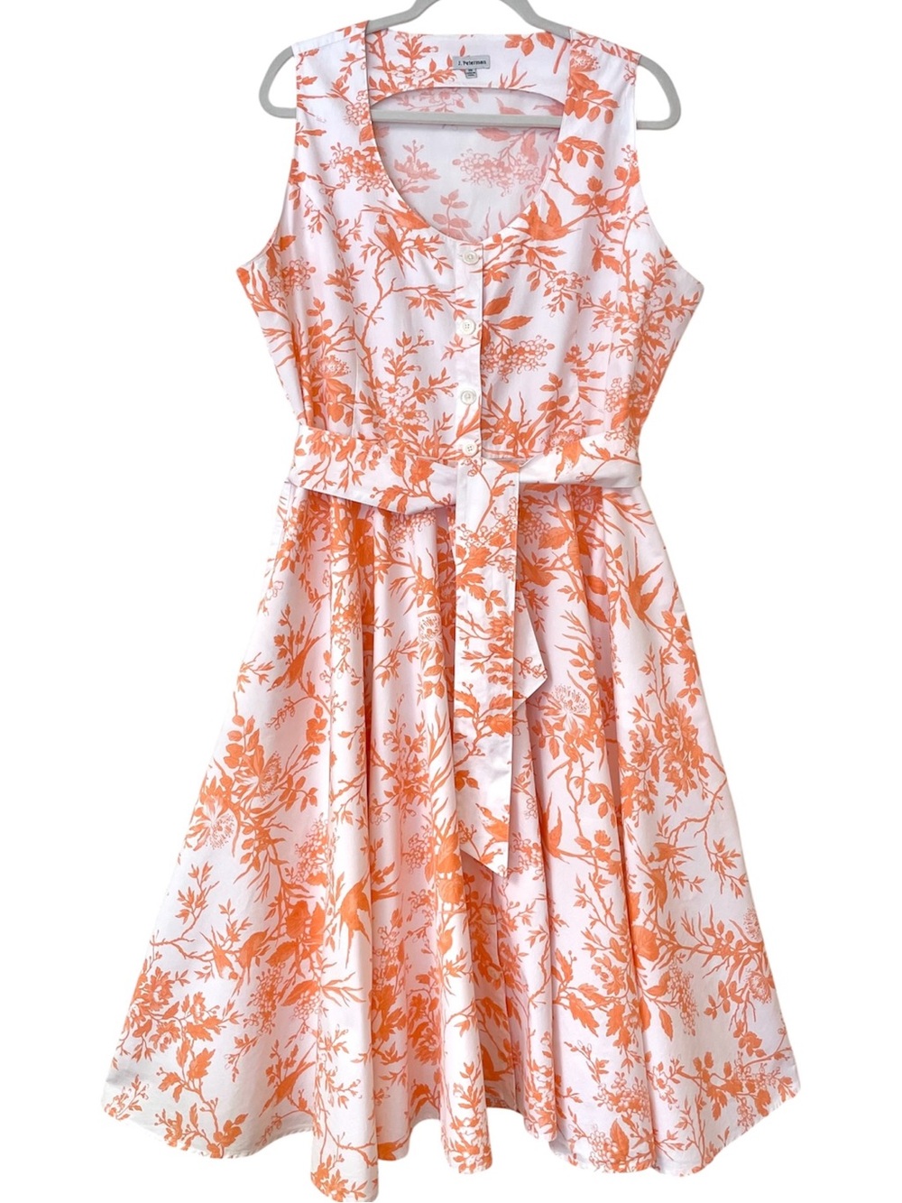J. Peterman Fit & Flare Midi Shirtdress 20 Orange Floral Birds Garden Pockets